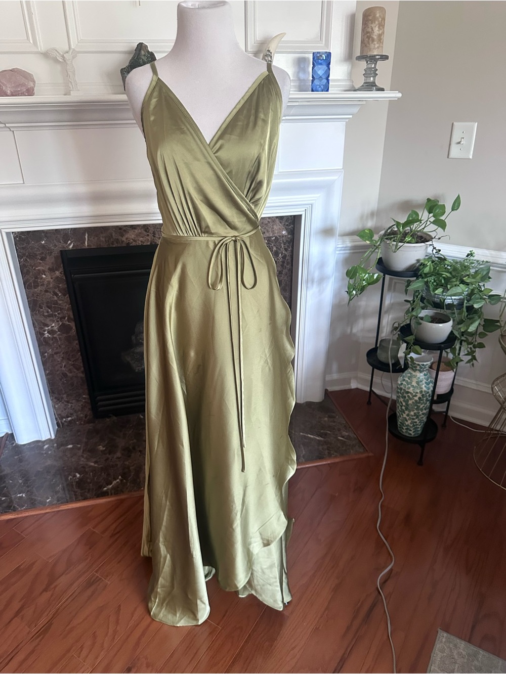 Olive Green Satin Wrap Maxi Dress with Tie Waist